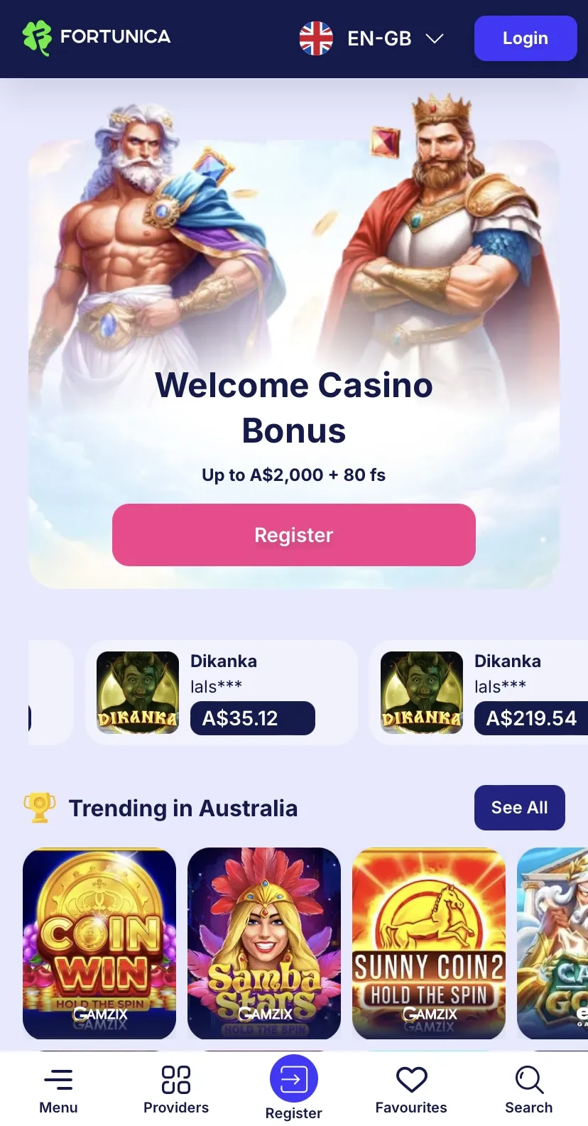 Fortunica Casino Homepage